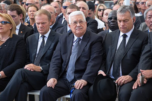 Palestinian Authority President Mahmoud Abbas seen during the funeral ceremony for Shimon Peres, Mount Herzl, Jerusalem, September 30, 2016. (Emil Salman/Flash90)