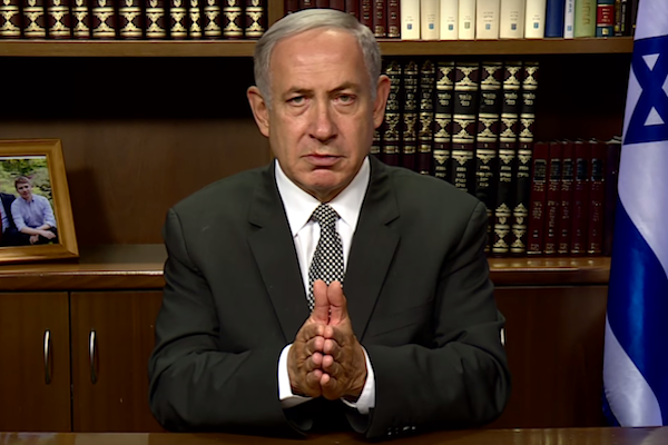 Prime Minister Benjamin Netanyahu gives a YouTube address (Screenshot).