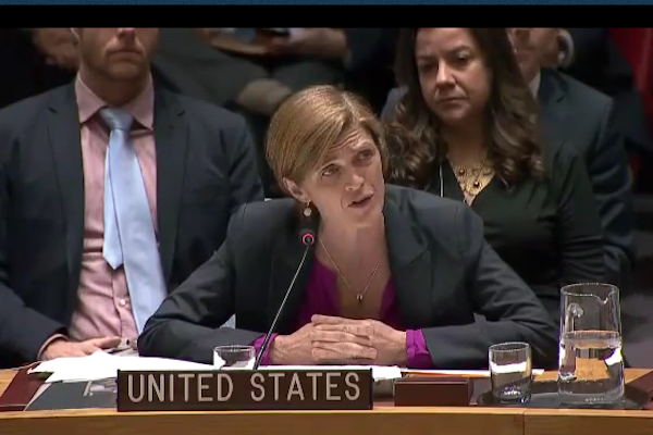 U.S. Ambassador to the UN speaks following the Security Council's passing of a resolution on Israeli settlements, New York, December 23, 2016. (Screenshot from UN Web TV)