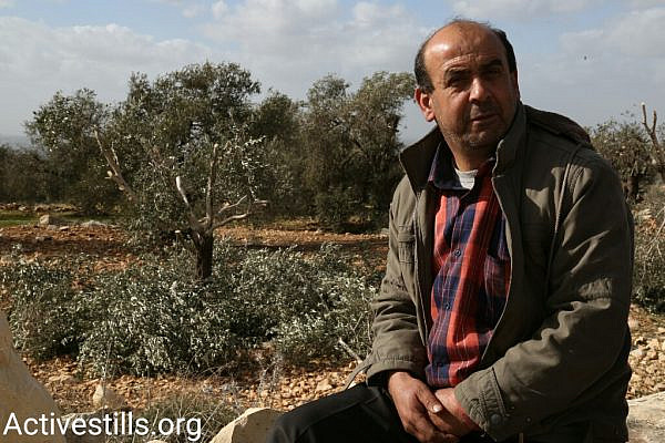 Riyad Abu Hanieh sits near one of his olive trees that was uprooted for the sake of building a settler-only road, near Qalqilya, West Bank, January 8, 2017. (Keren Manor/Activestills.org)