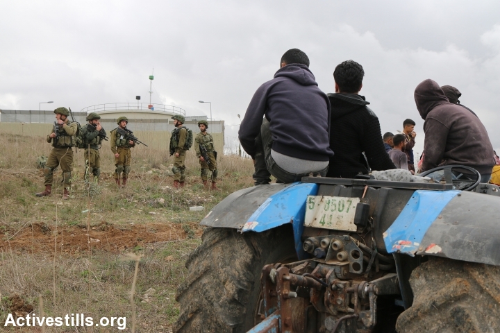 Israeli soldiers provoke Palestinian farmers and volunteers while planting olive trees and tiling soil to protest the recent Israeli military order that would confiscate about three Dunams of Palestinian private lands for 'security reasons' for the nearby settlement of Yitzhar, Asira Al-Qibliya village, near Nablus, West Bank, January 26, 2017. (Ahmad al-Bazz/Activestills.org)