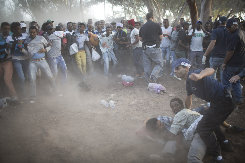 Israeli police and immigration officers arrest African asylum seekers who staged a walkout of a desert detention facility, June 29, 2014. (Activestills.org)
