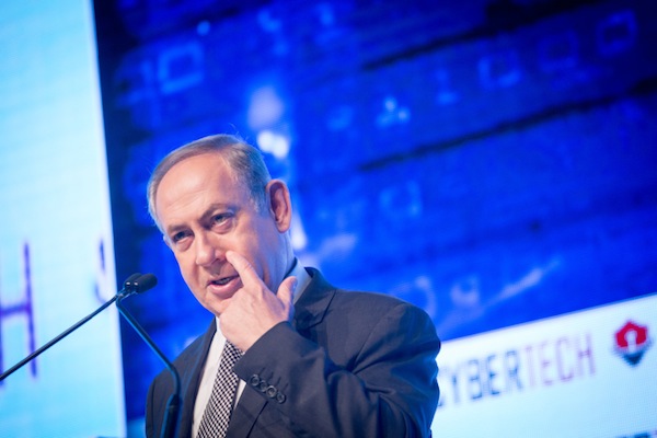 Israeli Prime Minister Benjamin Netanyahu at the Cybertech Israel Conference, in Tel Aviv, January 31, 2016. (Miriam Alster/Flash90)