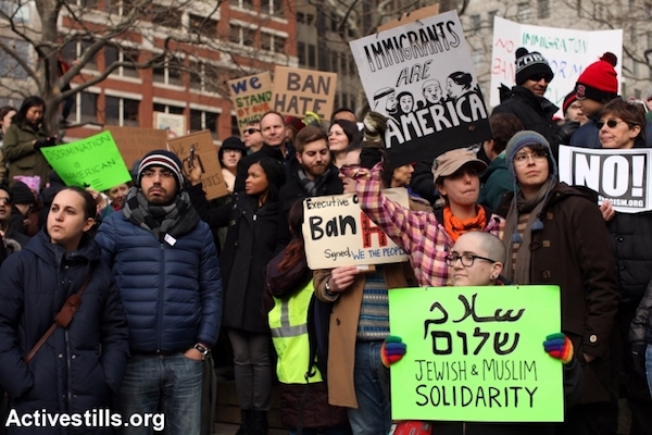 Protesters demonstrate against Trump's Muslim ban, Boston, January 29, 2017. (Tess Scheflan/Activestills)