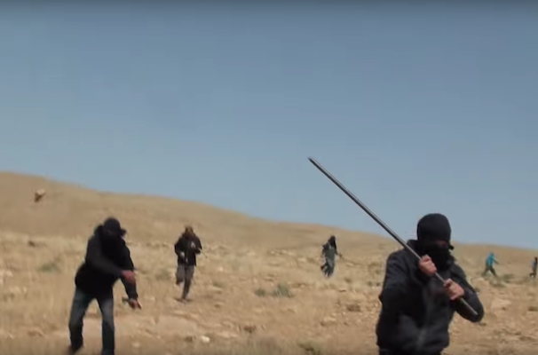 Masked settlers attack Ta'ayush activists near al-Auja, West Bank, April 21, 2017. (Screenshot)