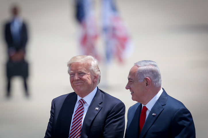 President Donald Trump stands with Israeli Prime Minister Benjamin Netanyahu as he arrives at Ben Gurion Airport near Tel Aviv, May 22, 2017, for his first official visit to Israel as president. (Hadas Parush/Flash90)