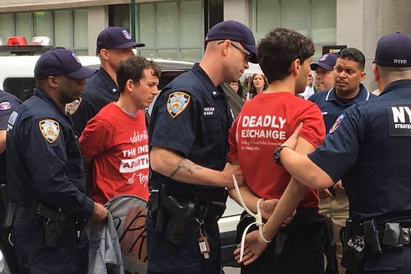 Jewish protesters are arrested after disrupting the Celebrate Israel parade in Manhattan, New York City, June 4, 2017. (Jewish Voice for Peace)