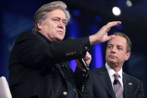 Chief White House Strategist Steve Bannon and Chief of Staff Reince Priebus speaking at the 2017 Conservative Political Action Conference (CPAC) in National Harbor, Maryland, February 23, 2017. (Gage Skidmore)