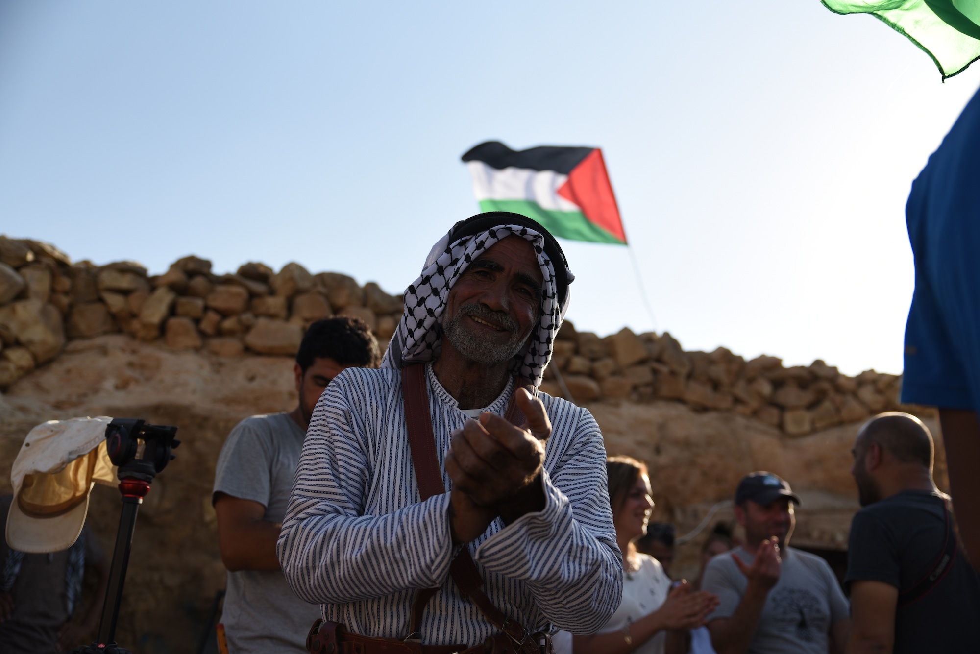 Palestinians, internationals, and Israelis dance together in Sarura, south Hebron Hills. (Rami Ben Ari)