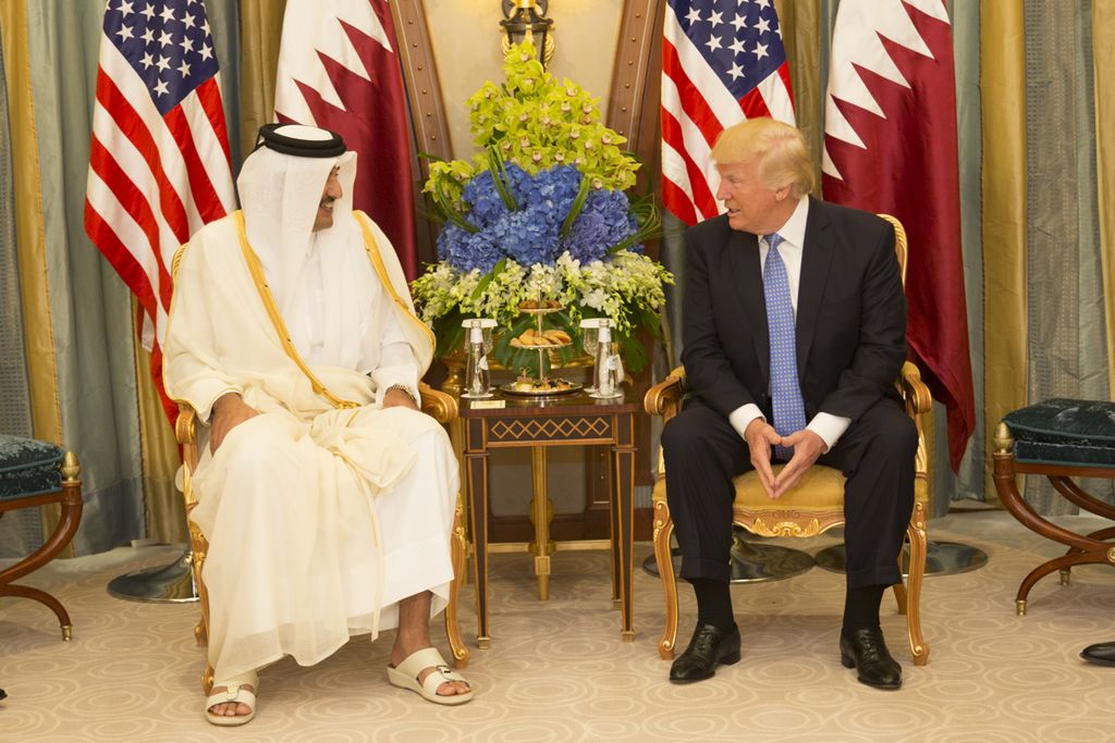 President Donald Trump meets with the Emir of Qatar during their bilateral meeting, Sunday, May 21, 2017, at the Ritz-Carlton Hotel in Riyadh, Saudi Arabia. (Official White House Photo by Shealah Craighead)