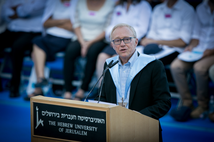 Israeli author David Grossman receives an honorary doctorate at the Hebrew University of Jerusalems annual convocation, June 11, 2017. (Miriam Alster/Flash90)