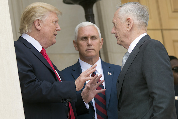 President Donald J. Trump speaks with Defense Secretary Jim Mattis and Vice President Mike Pence at the Pentagon, July 20, 2017. (Department of Defense/Dominique A. Pineiro)