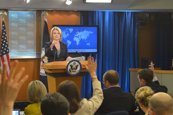 State Department Spokesperson Heather Nauert addresses reporters at the daily press briefing. (State Dept photo)