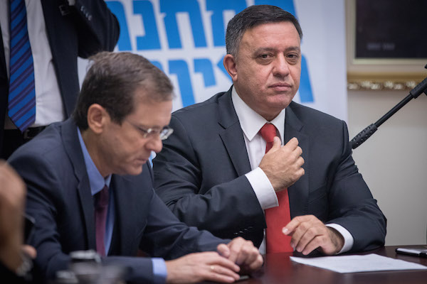 Head of the Zionist Union party Avi Gabbay with Opposition Leader Isaac Herzog. (Yonatan Sindel/Flash90)