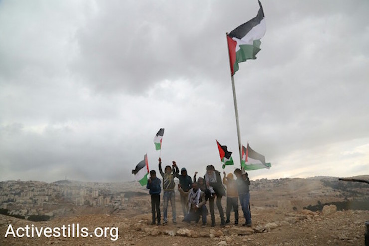 Demonstrators set up a mast and fly the Palestinian flag. Jabal al Baba. November 23, 2017 (Keren Manor/Activestills)