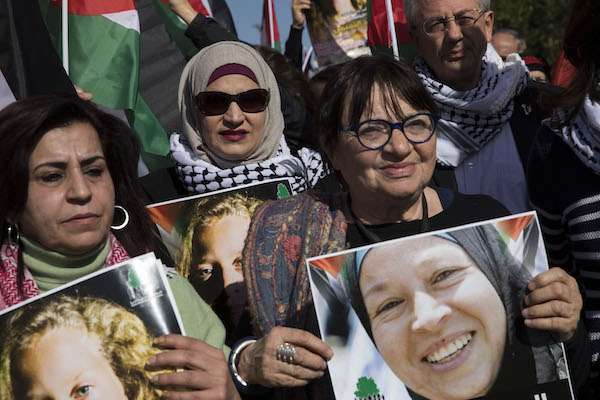 Women, including former member of the European Parliament Luisa Morgentini, leading the march in Nabi Saleh. January 13, 2018. (Oren Ziv/Activstills.org)