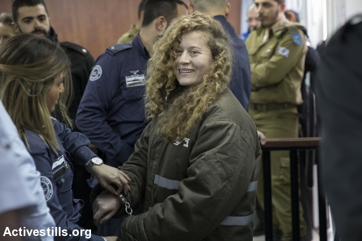 Ahed Tamimi is seen before her hearing at Ofer Military Court near the West Bank city of Ramallah, January 17, 2018. (Oren Ziv/Activestills.org)