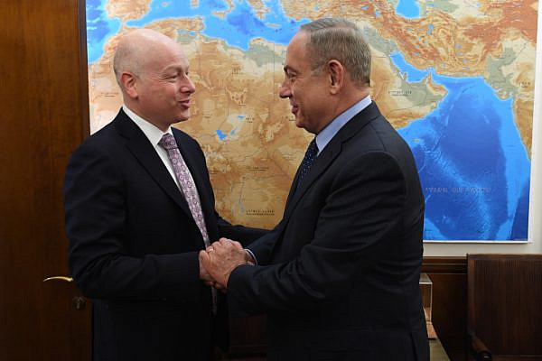 Israeli Prime Minister Benjamin Netanyahu meets with Jason Greenblatt, Donald Trump's White House envoy to the Middle East, at the Prime Minister's Office in Jerusalem, March 13, 2017. (Kobi Gideon/GPO)