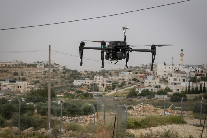 A new security drone seen flying near a Palestinian village, May 6, 2018. (Gershon Elinson/Flash90)
