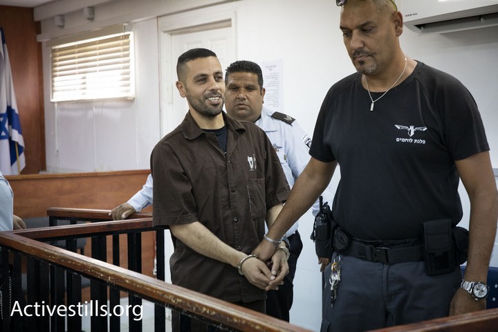 Palestinian journalist Ali Dar Ali seen in Ofer Military Court on August 20, 2018. (Oren Ziv)