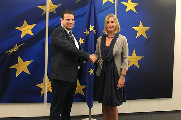 Joint List Chairman Ayman Odeh meets with EU Foreign Policy Chief Frederica Mogherini in Brussels earlier in September (Joint List Spokesperson)