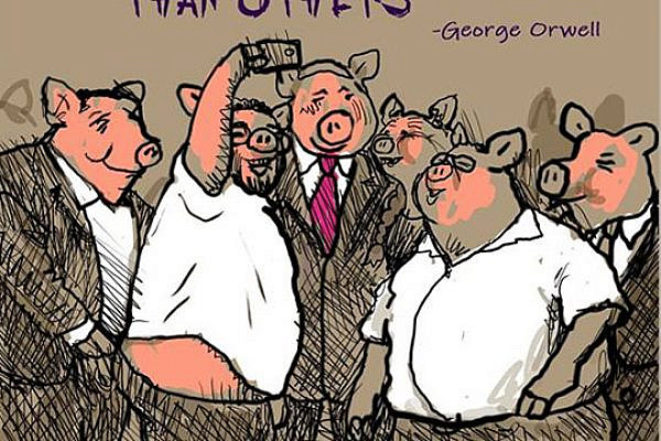 Avi Katz's cartoon depicting Netanyahu and Likud MKs as characters in George Orwells' 'Animal Farm, as published in 'The Jerusalem Report' on July 25, 2018. (Avi Katz)