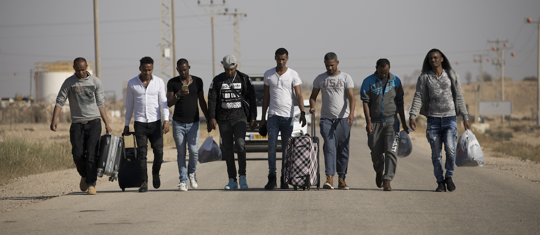 African asylum seekers are seen upon release from 'Saharonim' prison in the Negev desert, Southern Israel, April 15, 2018. (Oren Ziv/Activestills.org)