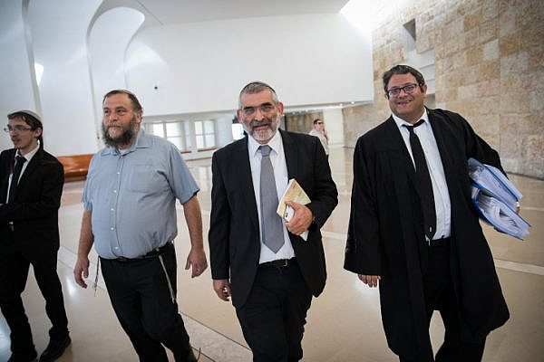 Members of the Kahanist Otzma Yehudit party Bentzi Gopstein (left) Michael Ben Ari (center) and Attorney Itamar Ben Gvir (right) seen in Israeli Supreme Court in Jerusalem, March 12, 2018. (Hadas Parush/Flash90)