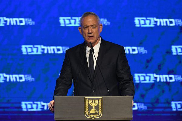 Benny Gantz, head of Blue and White Party, gives a speech after initial voting results in Israel's general elections are released, at the party headquarters in Tel Aviv, on April 09, 2019. (Gili Yaari/Flash90)