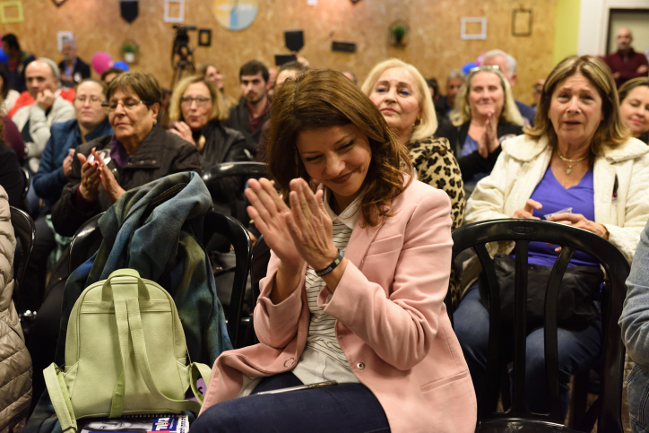 Orly Levy at a meeting with Gesher supporters, Netanya. February 26, 2019. (Gili Yaari/Flash90)