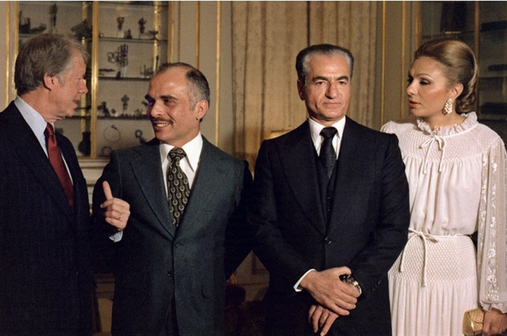 Shah Mohammad Reza seen during a visit to the White House along with Jordan's King Hussein and U.S. President Jimmy Carter, 1976.