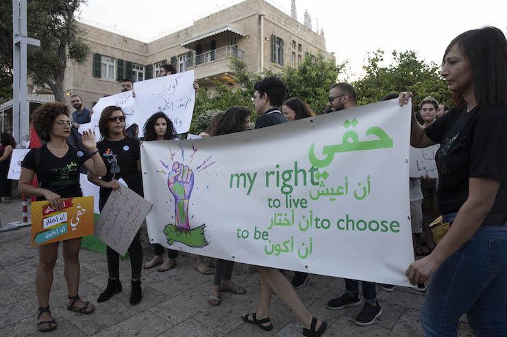 Hundreds of Palestinians protested against LGBT violence in Haifa following the stabbing of an Aran transgender teen in Tel Aviv last week. August 1, 2019. (Oren Ziv/Activestills.org)
