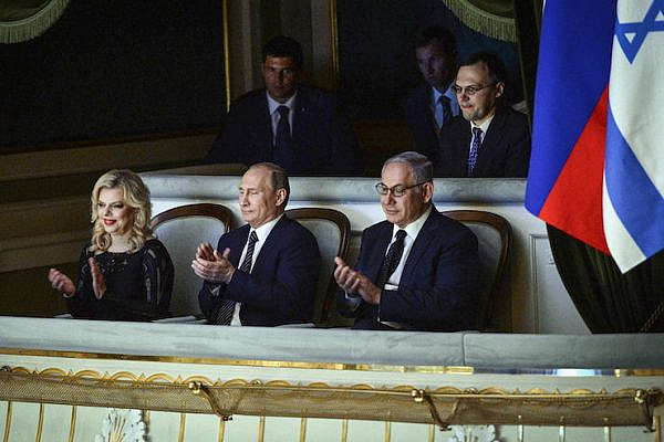 Prime Minister Benjamin Netanyahu with his wife Sara and Russian President Vladimir Putin at the Bolshoi Theatre in Moscow, Russia, June 7, 2016. (Haim Zach/GPO)