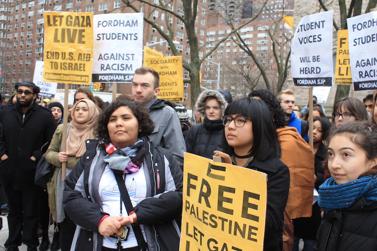 Members and supporters of Fordham Students for Justice in Palestine rally on the university's Manhattan campus against the Fordham administration's refusal to register SJP as a student organization, January 23, 2017. (Joe Catron)