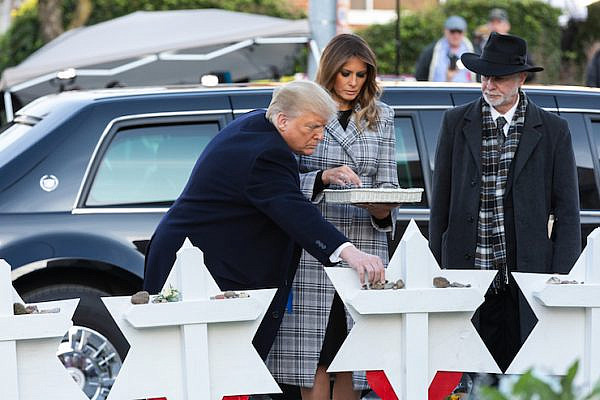 President Donald Trump and First Lady Melania Trump visit a memorial outside the Tree of Life Synagogue in Pittsburgh Tuesday, October 30, 2018, following the mass shooting that left 11 worshippers dead. (Andrea Hanks/White House)