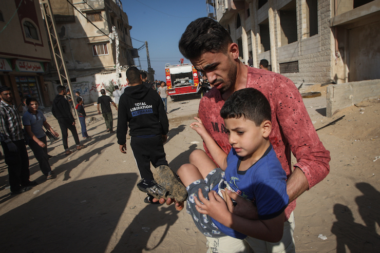 Palestinians evacuate the wounded from Israeli air strikes in Gaza City on November 12, 2019. Earlier in the day an Israeli air strike killed Palestinian Islamic Jihad field commander Baha Abu Al-Atta. (Fadi Fahd/Flash90)