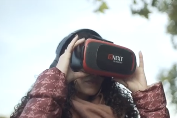 Rowaida Abu Eid tries Palestine VR, an app that offers virtual tours of six regions in the West Bank and Gaza. (Screenshot of a Palestine Institute for Public Diplomacy video)