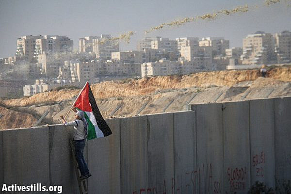 A demonstrator waves a Palestinian flag as he looks over the wall  during the weekly protest against the wall and the occupation in the West Bank village of Bil'in, January 4, 2012. The weekly demo was marking the second anniversary of the martyrdom of Jawaher Abu-Rahma, who died after she was injured from tear gas during the Friday demo in the village. (Photo by: Guest photographer Hamde Abu Rahma/ Activestills.org)