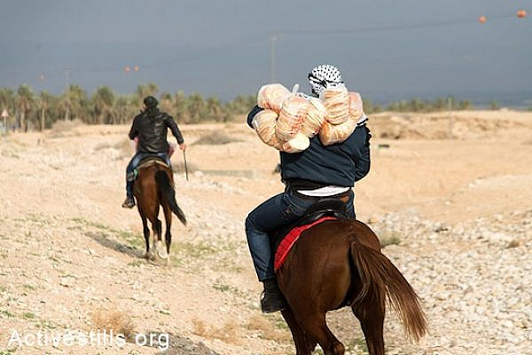 Due to Israeli army roadblocks that would not allow cars to enter, Palestinians on horseback help deliver food and supplies to the protest village of Ein Hijleh on the fourth day of the encampment, Jordan Valley, West Bank, February 3, 2014. (photo: Ryan Rodrick Beiler/Activestills.org)