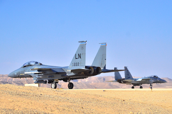 Israeli and American F-15 airplanes cooperating during the "Blue Flag" exercise in November 2013. (Photo by Gui Ashash/IAF)