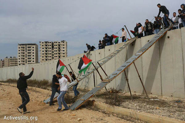 Palestinians and international activists use make-shift bridges to cross the separation wall between Qalandiya and Jerusalem, November 14, 2014. (Photo by Oren Ziv/Activestills.org)