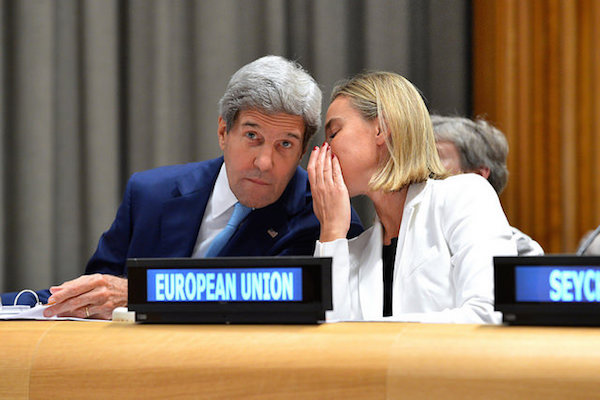 U.S. Secretary of State John Kerry speaks with EU Foreign Policy Chief Federica Mogherini,September 26, 2014. (State Dept Photo)