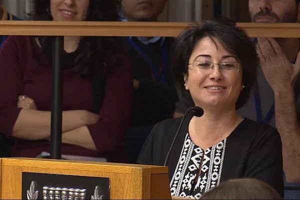 MK Haneen Zoabi addresses the Central Elections Committee during a hearing over her disqualification from Knesset elections, February 12, 2015. (Screenshot)