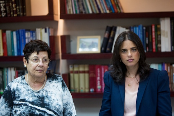 Israeli Minister of Justice Ayelet Shaked (R) seen with Supreme Court President Miriam Naor at the first meeting of the Israeli Judicial Selection Committee at the Ministry of Justice, Jerusalem on August 9, 2015. (Yonatan Sindel/Flash 90)