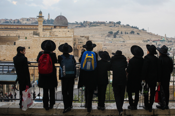 Ultra-Orthodox Jews look out over the Western Wall and the Temple Mount/Haram al-Sharif, December 17, 2015. (Esther Rubyan/Flash90)