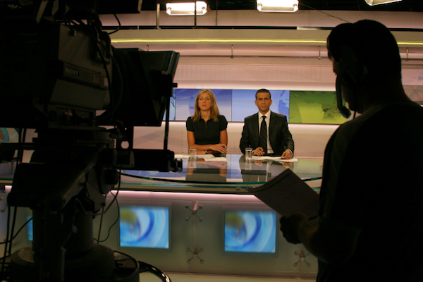 File photo of Israel’s Channel 1 evening news broadcast. (Anna Kaplan/Flash90)