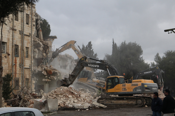 The Shepherd Hotel in East Jerusalem’s Sheikh Jarrah neighborhood, which was seized under Israel’s Absentee Property Law, is demolished in order to build a Jewish apartment complex, January 9, 2011. (Yossi Zamir/Flash90)