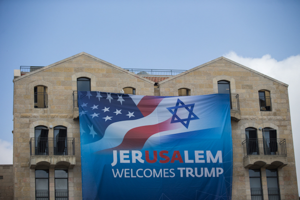 View of a poster welcoming U.S. President Donald Trump in Jerusalem on May 19, 2017. (Yonatan Sindel/Flash90)