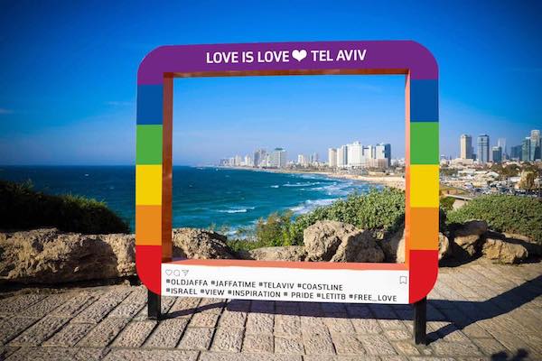 An installation in Jaffa overlooking Tel Aviv, set up ahead of Tel Aviv Pride week. (Tel Aviv Pride Parade Facebook page)
