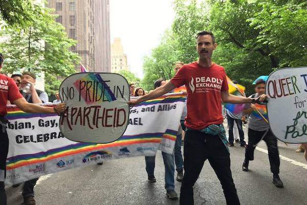 A group of queer Jewish activists disrupts the Celebrate Israel parade in Manhattan, New York City, June 4, 2017. (Jewish Voice for Peace)